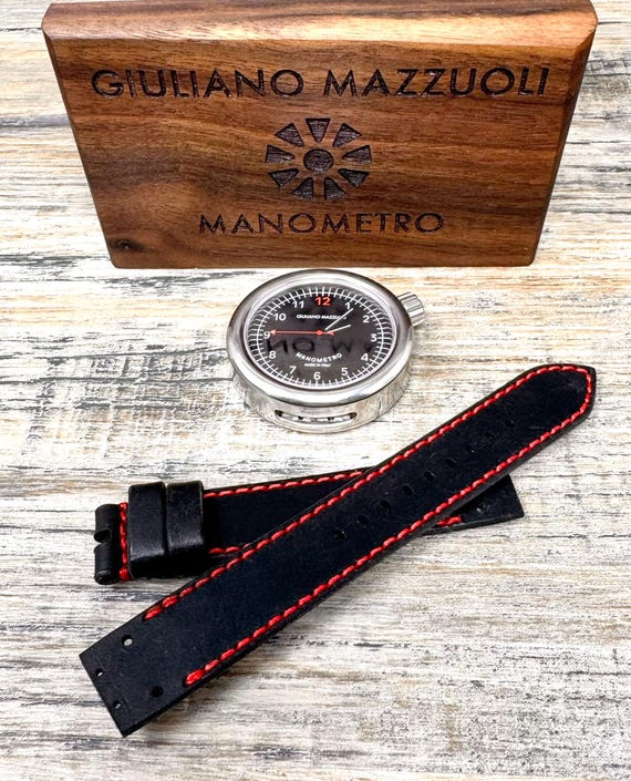 Leather Watch Strap for Giuliano Mazzuoli Manometro - Matt Black/Red