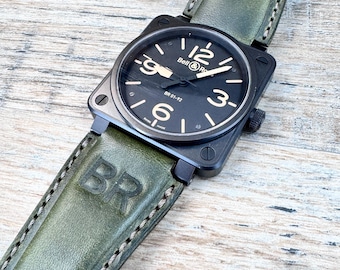 Gewaxt groen leren horlogebandje voor Bell and Ross – handgemaakt 24/24 mm