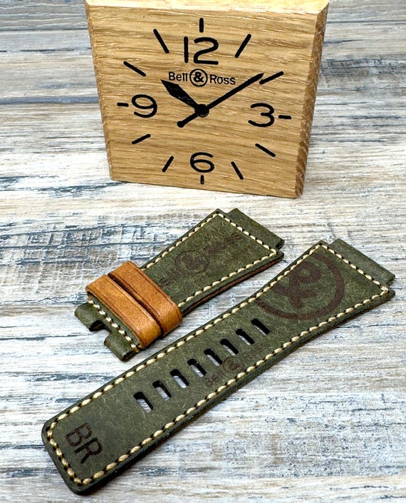 Bell and Ross Leather Watch Strap / Band for  BR01 BR03 BRS Watches - Green/Gold
