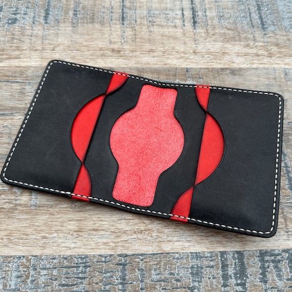 Red and Black Leather Wallet - Handcrafted in England