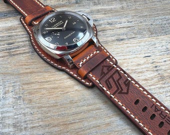 Leather Bund Watch Strap for 44mm Panerai Watches - Waxed Dark Brown Leather/Cream Stitching