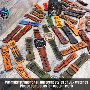 May include: A variety of leather watch straps in different colors and styles. The straps are made of high-quality leather and feature a variety of designs, including a skull, a compass, and a nautical theme. The straps are designed to fit B&R watches. "We make straps for all different styles of B&R watches. Please contact us for custom work."