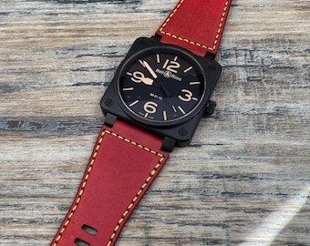 24/24 mm Bell and Ross leren horlogeband / band voor BR01 BR03 BRS-horloges - rood en geel en met de hand vervaardigd in het Verenigd Koninkrijk