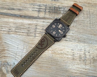 Bell and Ross Leder Uhrenarmband / Band für BR01 BR03 BRS Uhren - Rustikal Grün/Gold Faden