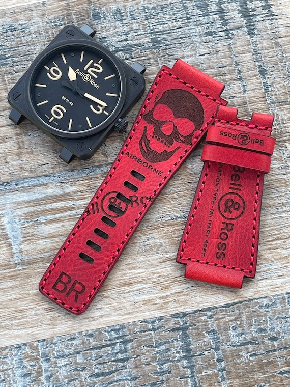 Leather Watch Strap for Bell and Ross Watches - Red Vintage Hand Crafted - Laughing Skull - Airborne BR-X1 - BR 01 - BR 03