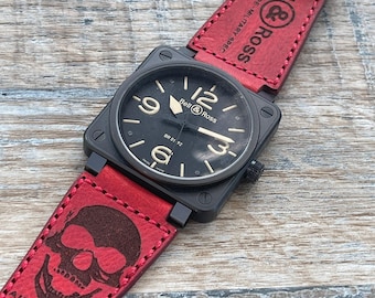 Leren horlogeband voor Bell and Ross-horloges - rood vintage handgemaakt - lachende schedel - Airborne BR-X1 - BR 01 - BR 03