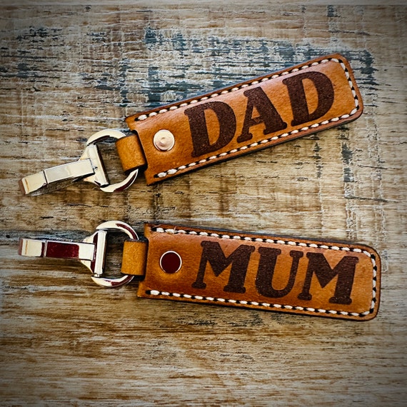 Mum and Dad Leather Key Fob , Key Ring, Key Chain with Lobster Clasp
