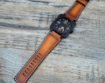 Bell and Ross leren horlogeband / band 24 mm/24 mm - goudbruine unieke, verweerde, gepatineerde leren band