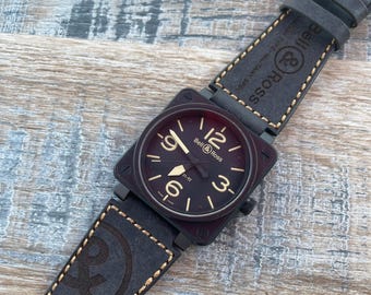 24/24 mm Bell and Ross Leder Uhrenarmband / Band für BR01 BR03 BRS Uhren - matt schwarz und handgefertigt in Großbritannien