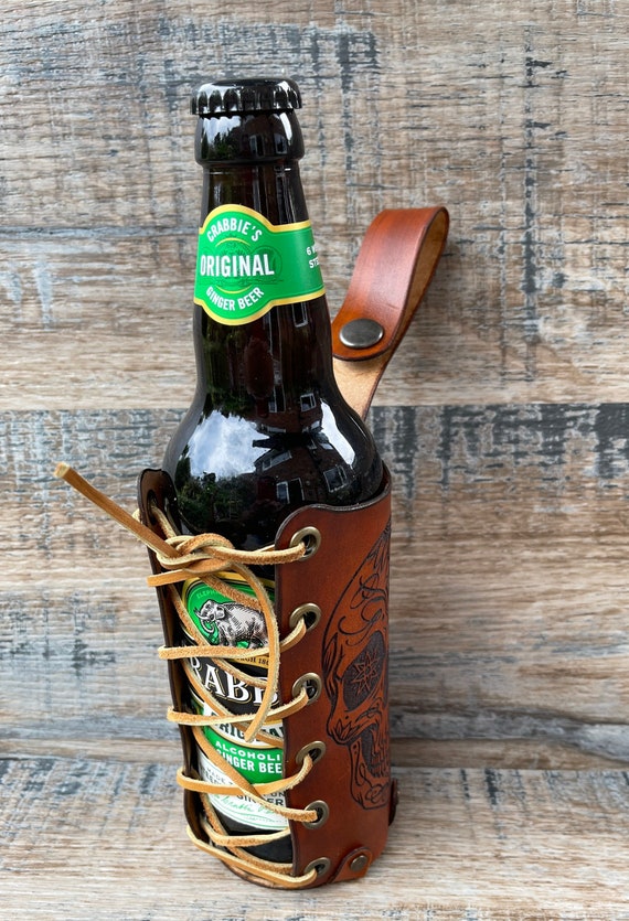 Leather Bottle Holder , Leather bottle cage, Carry Handle Bottle Holder, Beer Holster festival