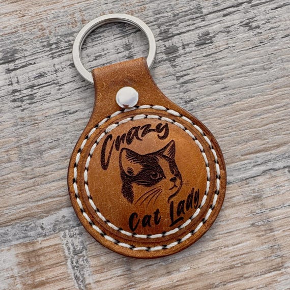Crazy Cat Lady Leather Key Fob , Key Ring, Key Chain, Quality Handcrafted in UK