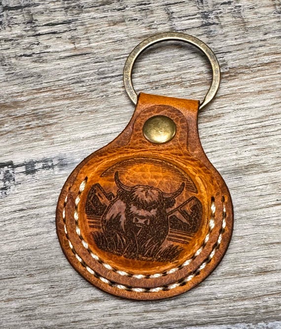 Highland Cow Handmade Leather AirTag Holder, AirTag Case, Key Fob , Key Ring, Key Chain