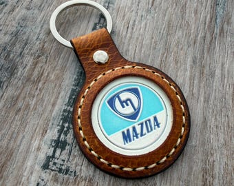 Vintage/retro leren Mazda-sleutelhanger, sleutelhanger, sleutelhanger