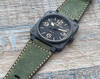 Bell and Ross Lederarmband für Uhren in Einzigartige Rustikale Grüne Leder/Goldnaht