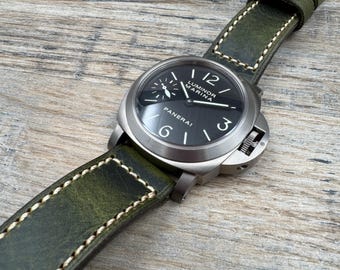Leren horlogeband voor Panerai-horloges - vintage handgemaakt - groen gewaxt, 4 mm dik