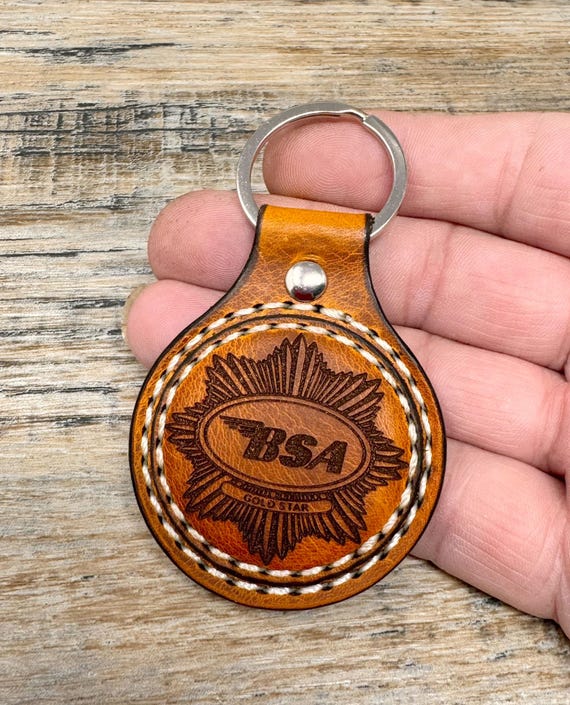 BSA Goldstar Motorcycle Logo Handmade Leather, Key Fob , Key Ring, Key Chain