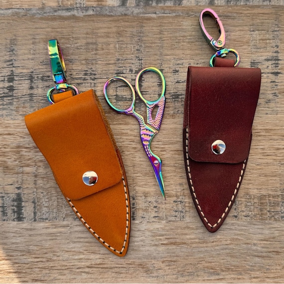 Embroidery Scissors, Snips, Thread Cutter Cotton, Small Shears c/w Leather Holder - Various Colours
