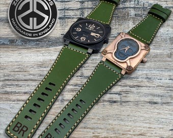 24/24 mm Bell and Ross leren horlogeband/band voor BR01 BR03 BRS-horloges – groen/goud, handgemaakt in het Verenigd Koninkrijk
