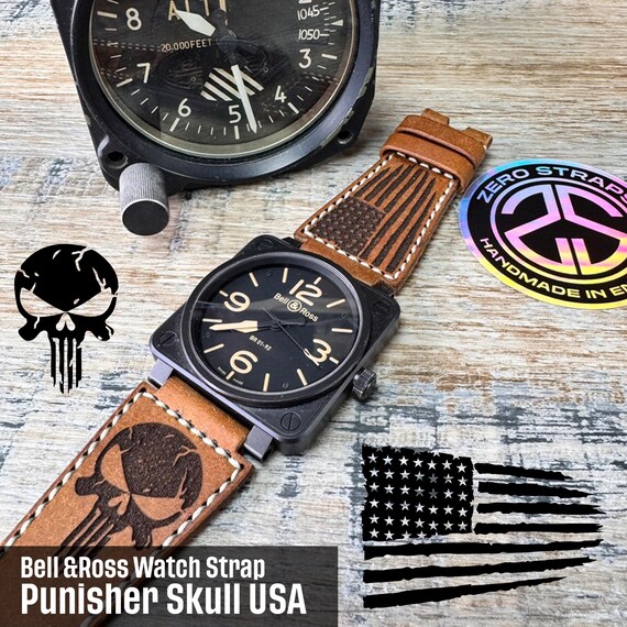 Bell and Ross Leather Watch Strap / Band for BR01 BR03 BRS Watches - Punisher Skull USA