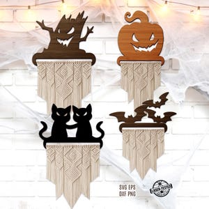 May include: Four wall hangings featuring laser-cut wooden toppers in shapes of a spooky tree, a jack-o'-lantern, two black cats, and a group of bats, each attached to a cream-colored macrame fringe with intricate knotted geometric patterns.