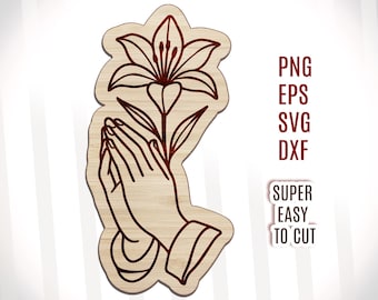 Manos cristianas en oración con flor de lirio (archivo SVG), regalos y recuerdos religiosos (SVG), manos en oración (SVG), fe (SVG), manualidades con manos en oración