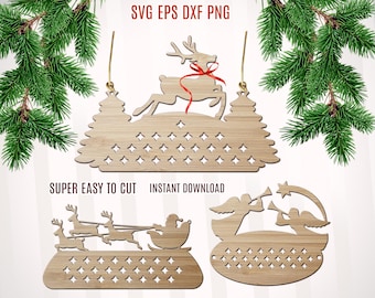 May include: Wooden Christmas ornaments with reindeer, Santa's sleigh, and angels. The ornaments are laser cut with decorative diamond patterns. The text "SVG EPS DXF PNG" and "SUPER EASY TO CUT INSTANT DOWNLOAD" are visible.
