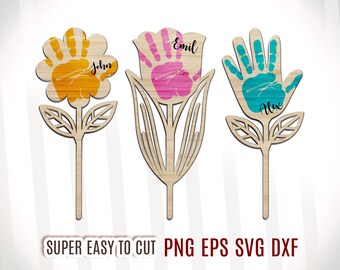 Handprint Flower SVG, Mother's Day Laser Cut Wood Craft, Personalized Keepsake, Mother's Day Handprint Flower SVG, Personalized Kid's Craft.