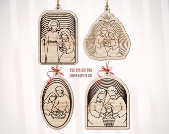 May include: Four wooden Christmas ornaments with Nativity scenes. Each ornament features a different design of the Holy Family, cut from light-colored wood. The ornaments are hung with twine and red ribbon. The text "SVG EPS DXF PNG SUPER EASY TO CUT" is also visible.