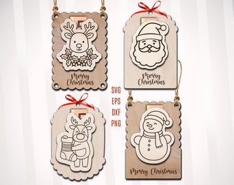 May include: Four wooden Christmas decorations with scalloped edges and jute twine hangers. Each decoration features a different festive character: a reindeer, Father Christmas, a reindeer with a stocking, and a snowman. The words "Merry Christmas" are written on each.