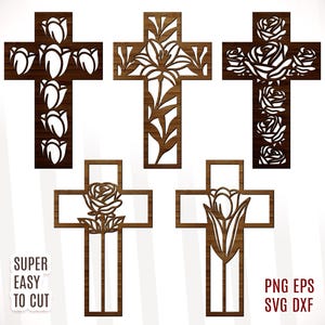 Floral Cross Laser Cut File Bundle, Christian Cross with Flowers Svg, Wooden Cross Svg, Jesus and Cross Laser Cut File SVF DXF,
