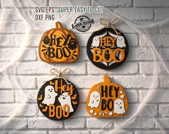 Hey Boo deurhanger SVG-bundel, schattige Halloween Glowforge decoratie SVG, Hey Boo spookbord, Halloween deurbord bundel, Halloween bord