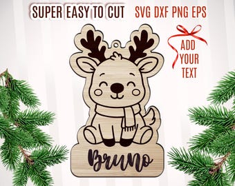 Gepersonaliseerd rendier naam ornament lasergesneden bestand, rendier kerstboom ornament, kerstcadeaulabel, houten rendier SVG DXF bestand