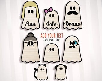 May include: Wooden ghost-shaped cutouts with black outlines and various hairstyles, mustaches, and accessories. Names like "Ann," "Lola," and "Bruno" are written on some. The phrase "ADD YOUR TEXT" is in red, with "SVG EPS DXF PNG" below.