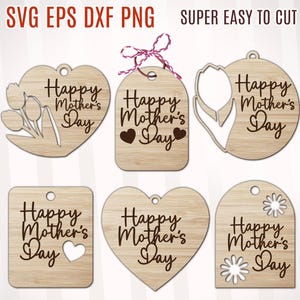 Etichette regalo per la festa della mamma per taglio laser, file di taglio fai da te in legno SVG DXF per taglio laser, portachiavi SVG per la festa della mamma