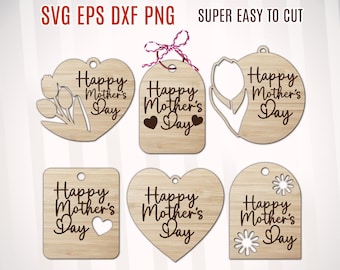 Etiquetas de regalo para el Día de la Madre para corte láser, archivo de corte SVG DXF de madera para bricolaje para corte láser, paquete de llaveros SVG de Feliz Día de la Madre