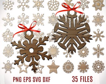 Könnte beinhalten: Eine Sammlung von Holz-Schneeflocken-Ornamenten in verschiedenen Designs, einige mit roten Schleifen zum Aufhängen. Das Bild enthält den Text "PNG EPS SVG DXF" und "35 FILES", was auf digitale Dateien für Bastelzwecke hindeutet.