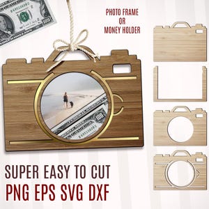 Appareil photo en bois avec superpositions, Gabarit de découpe pour appareil photo, Svg pour appareil photo, cadre photo personnalisable, porte-monnaie pour appareil photo, fichier découpé au laser