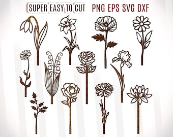 Wildflowers SVG Bundle, Botanical Laser Cut Files (svg, png, dxf, eps)