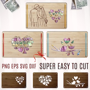 Puede incluir: Placas de madera con diseños cortados con láser, incluyendo una pareja, corazones y pájaros. Las placas presentan una veta de madera natural y están decoradas con acentos coloridos. El texto dice "PNG EPS SVG DXF SUPER EASY TO CUT".