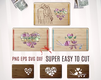 Könnte beinhalten: Holzplatten mit lasergeschnittenen Designs, darunter ein Paar, Herzen und Vögel. Die Platten haben eine natürliche Holzmaserung und sind mit farbigen Akzenten verziert. Der Text lautet "PNG EPS SVG DXF SUPER EASY TO CUT".