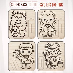 May include: Four Halloween-themed wooden cutouts featuring a monster holding a pumpkin, a vampire, Frankenstein's monster holding a skull, and a witch with a broom and cauldron. The text "SUPER EASY TO CUT SVG EPS DXF PNG" is at the top.