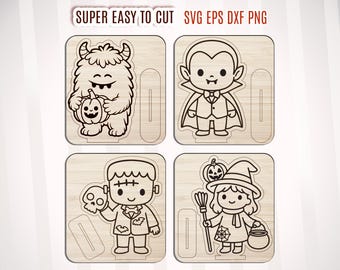 Archivos SVG de figuras desplegables de monstruos de Halloween, paquete de pintura para niños (descarga digital)