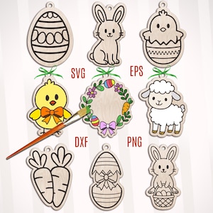May include: A collection of wooden Easter decorations, including an egg, rabbit, chick, wreath, lamb, carrots, and an egg with a bow. Each ornament has a hole for hanging and is outlined in black, with some colour added. The image also features the text "SVG", "EPS", "DXF", and "PNG".