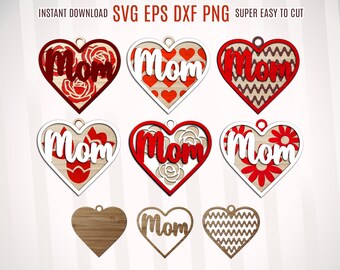 Archivos de corte láser para adorno de corazón del Día de la Madre, paquete de archivos SVG para mamá (descarga digital)