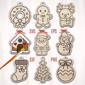 May include: Nine wooden Christmas decorations in various shapes: a wreath, gingerbread man, reindeer, gingerbread house, Santa, snowman, stocking, Christmas tree, and bauble. Each has a hole for hanging and a red ribbon.