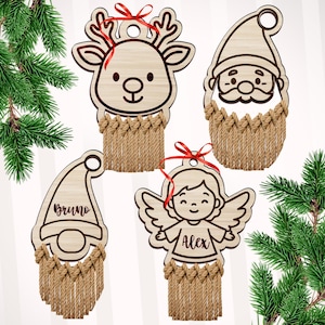 May include: Wooden Christmas decorations shaped as a reindeer, Santa, gnome, and angel. Each has a rope beard and a red ribbon. The gnome and angel ornaments have names written on them.