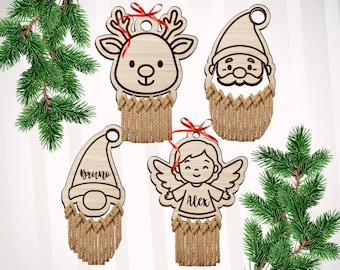 May include: Wooden Christmas ornaments in the shape of a reindeer, Santa, gnome, and angel. Each ornament has a rope beard and a red ribbon for hanging. The gnome and angel ornaments have names written on them.
