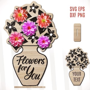 May include: Wooden cutout of a vase with flowers and the text "Flowers for You". The vase is brown and the flowers are pink, red, and white. The cutout is ready to be painted or stained.