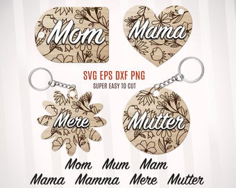 Paquete de archivos de corte para llavero de flores del Día de la Madre, llavero SVG del Día de la Madre, decoración de madera para el Día de la Madre, Glowforge Día de la Madre DXF, regalo para la abuela SVG