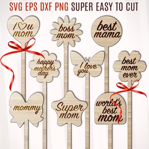 Découpage au laser de piquets de plantes pour la fête des mères, piquets de jardin de maman SVG, marqueurs de jardin pour la fête des mères SVG, svg de tags végétaux pour la fête des mères, svg de la fête des mères